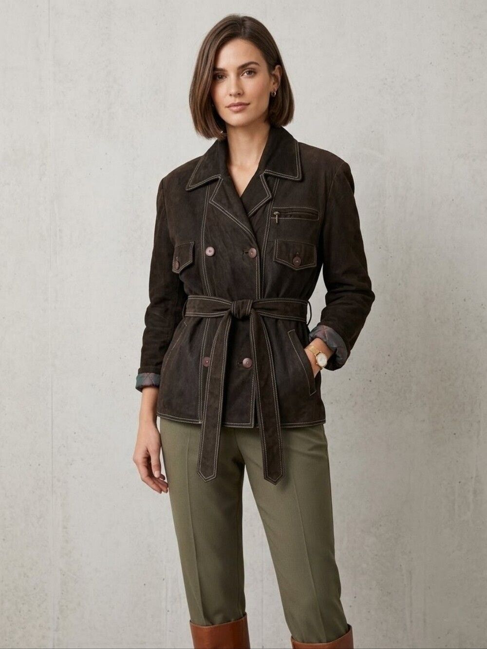 Vintage Genuine Suede Leather Belted Safari Jacket Brown US L 42 Quilted Lining